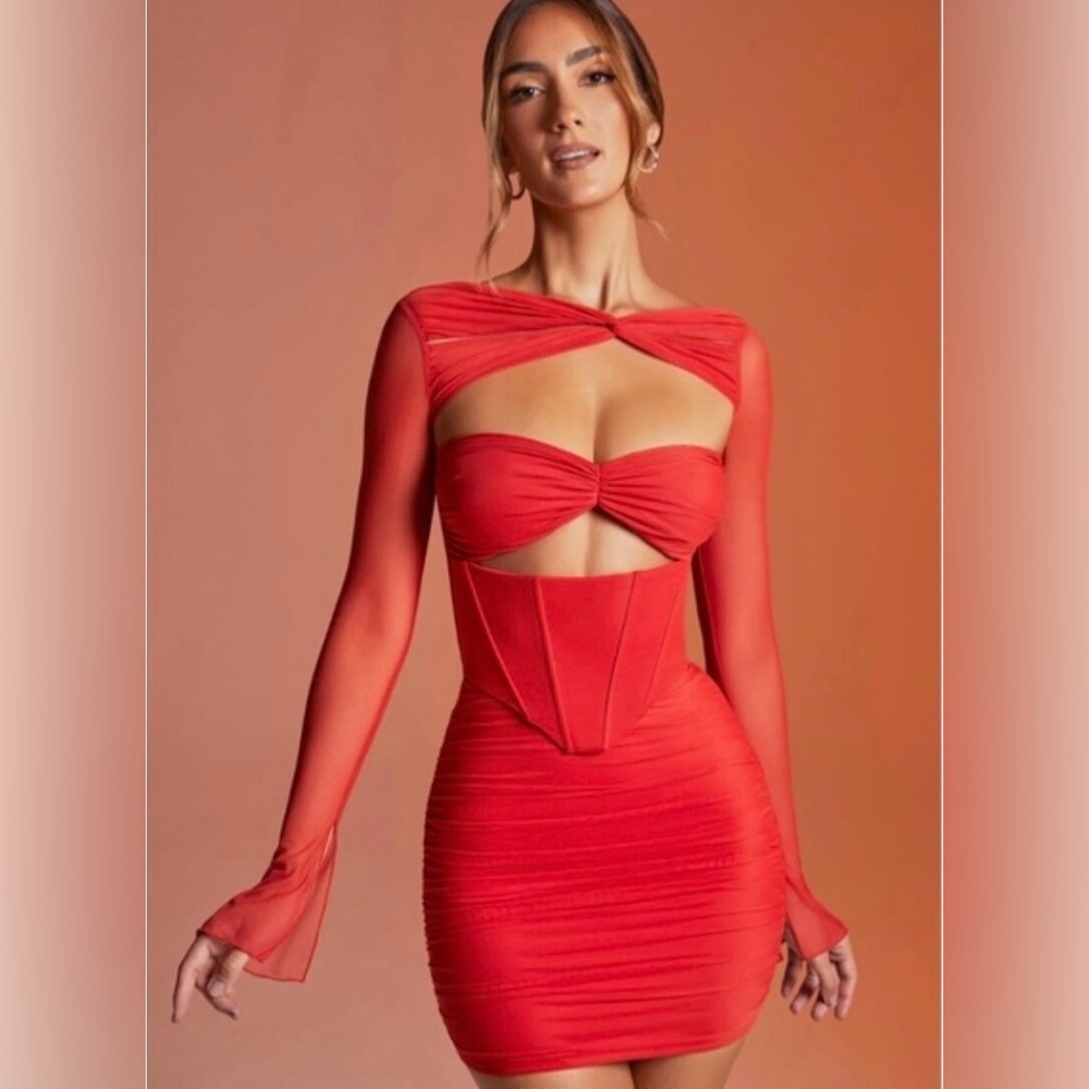 Oh Polly Nirvana Long Sleeved Ruched Mini Dress Red Size 0
